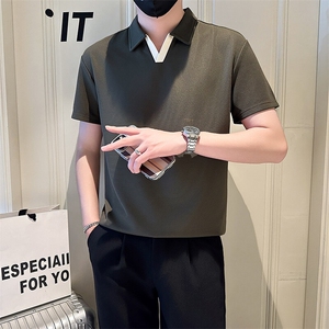 店主风社会小伙男士拼色V领POLO衫男休闲T恤301A-1/PL105/P48,呢子格纹a字裙搭配图片