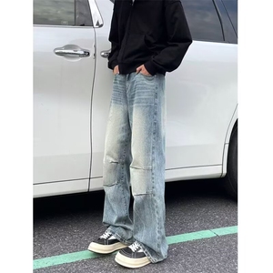 高街水洗褶皱弯刀牛仔裤男美式宽松设计感直筒阔腿裤N7090-P55图片