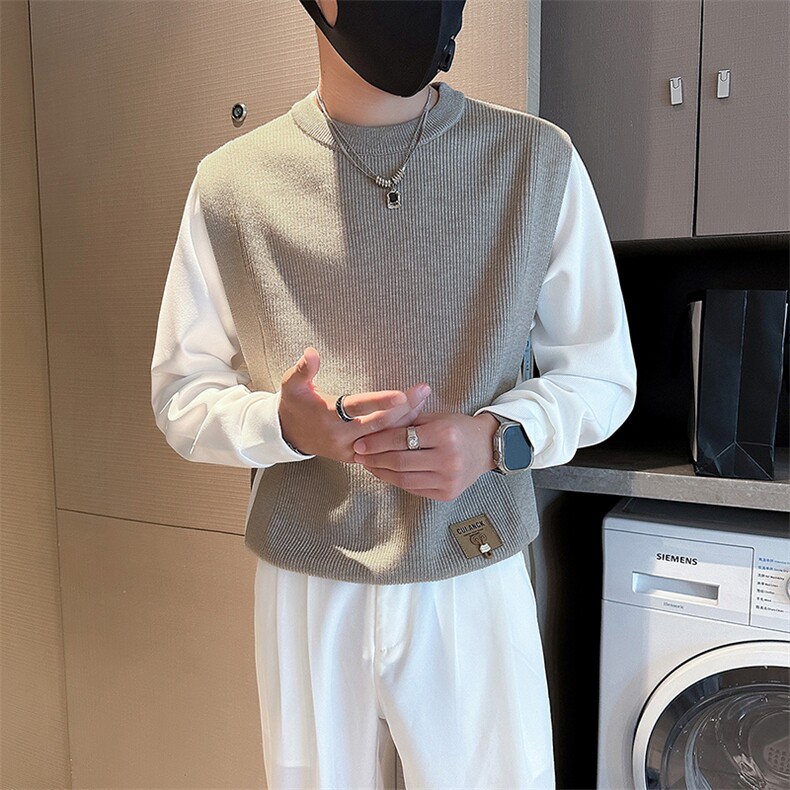 痞帅炸街男士拼接套头外套毛衣社会小伙店主风301C-M35-P88-控118图片