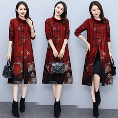 2022秋季女装新款时尚民族风套头抽象印花假两件连衣裙，女装连衣裙，魅衣本色