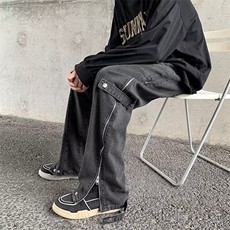 美式牛仔裤裤子vibe高街设计复古拉链直筒开叉宽松休闲长裤，男装牛仔裤，四季星座505