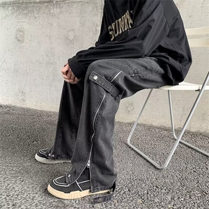 美式牛仔裤裤子vibe高街设计复古拉链直筒开叉宽松休闲长裤图片