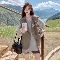 美拉德穿搭卡其色马甲套装女春秋2025年超火好看高级感短裤三件套，女装套装/套裙，2C122