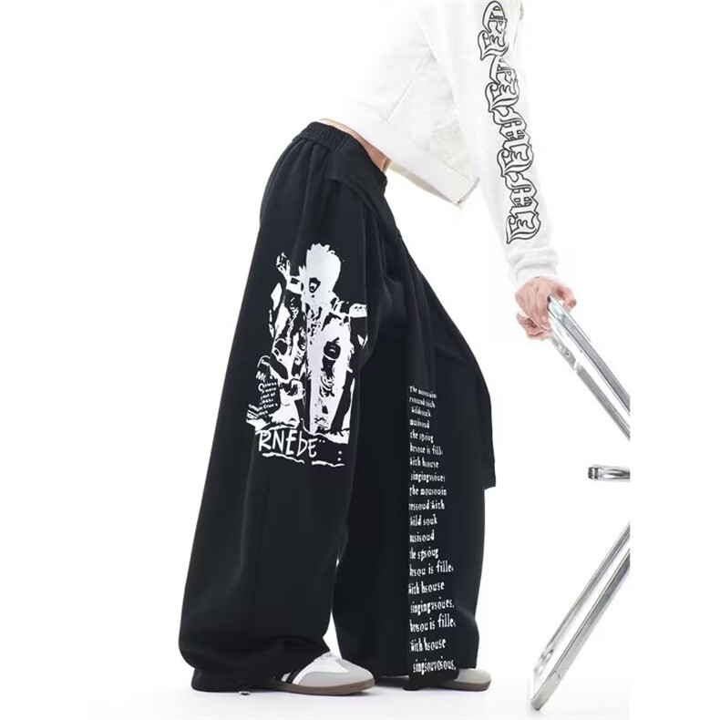 港风秋冬款男女卫裤字母图案印花阔腿宽松长裤长飘带h8078P48,男装休闲裤,星座1013-1