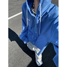 XZ1005-1-TTH0062-批60-韩版撞色抽绳连帽格子长袖衬衫，男装衬衫，星座1005-1