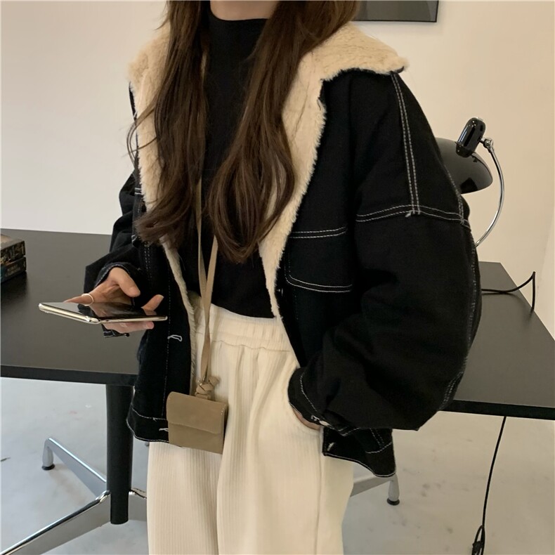A202-P100 翻领牛仔外套秋冬宽松休闲工装棉服ins港风加绒加厚图片