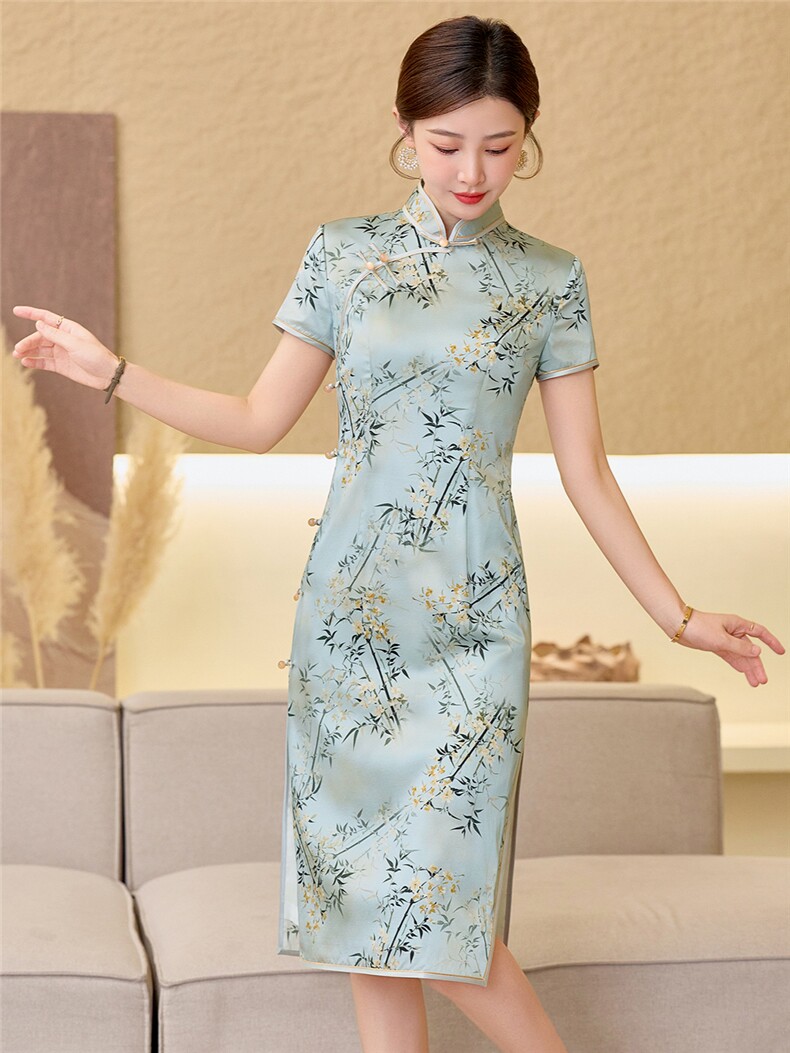 杭州品质真丝中长裙考试专用节节高女春夏日常修身潮流真丝旗袍,女装汉服/婚纱/旗袍/礼服,小荷流