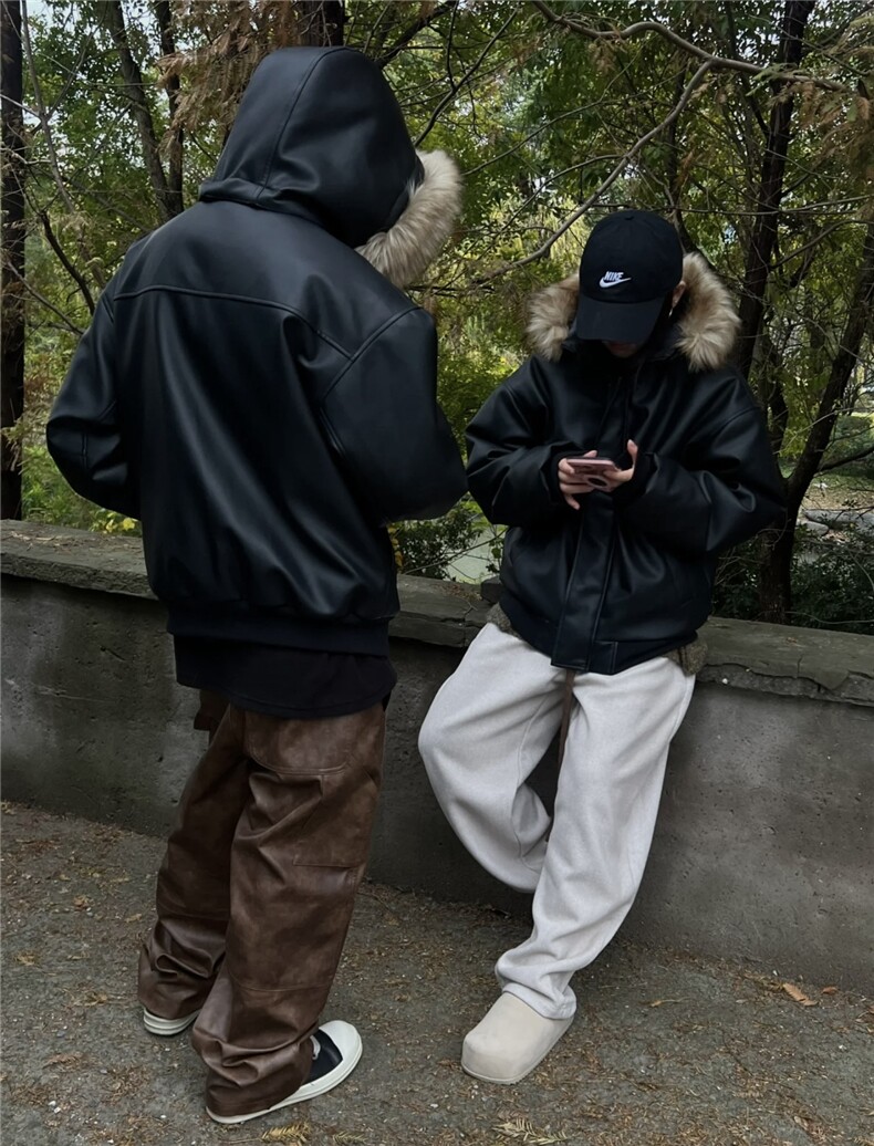 冬季复古百搭保暖帽子可拆卸毛领重磅PU皮衣棉衣厚外套LF997P135,男装皮衣,电商D256-1(原A064-1)