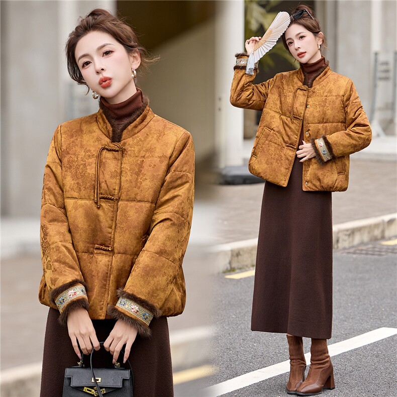 新中式绵羊毛棉服女2025年冬季新款时尚刺绣真水貂毛棉袄加厚外套,女装棉衣/棉服,拾衣