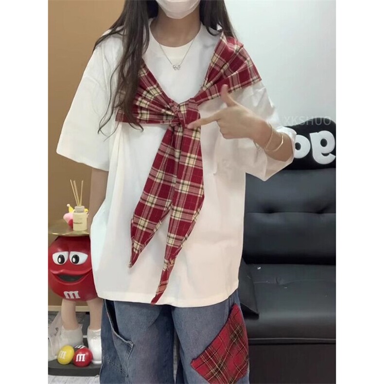 拼接格子布装饰高品质260克双纱纯棉美式高街短袖T恤特P35,男装T恤,电商A486-1