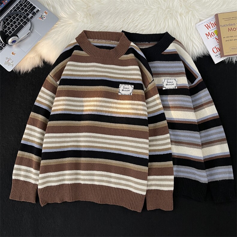 高品质秋款男圆领套头毛衣条纹拼接贴标休闲外套M5621P50,男装针织衫/毛衣,星座1013-1