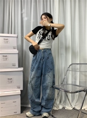 美式高街头涂鸦阔腿裤男百搭oversize古着牛仔裤NK8004P45，男装牛仔裤，星座1116-2