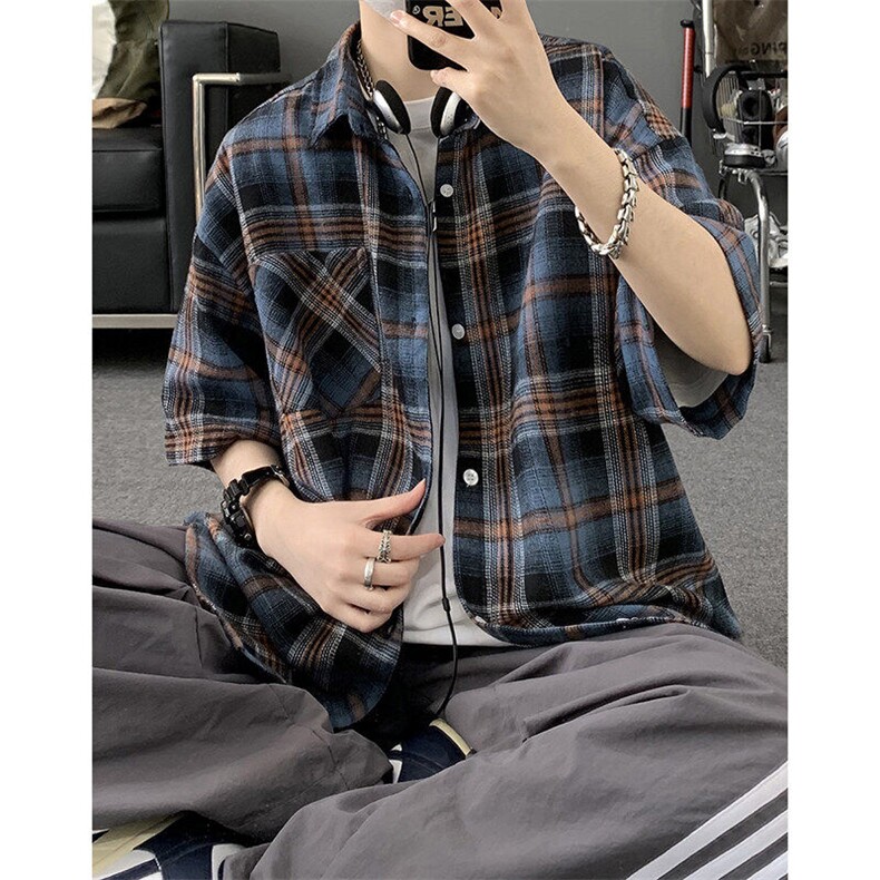 夏季韩版潮流复古格子短袖衬衫翻领帅气衬衣DSA157B-CS4231-P38,男装T恤,电商A157B