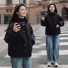 韩版宽松BV绿立领加厚绿色羽绒服女2022冬季新款短款外套90白鸭绒，女装羽绒服，梦懿尔