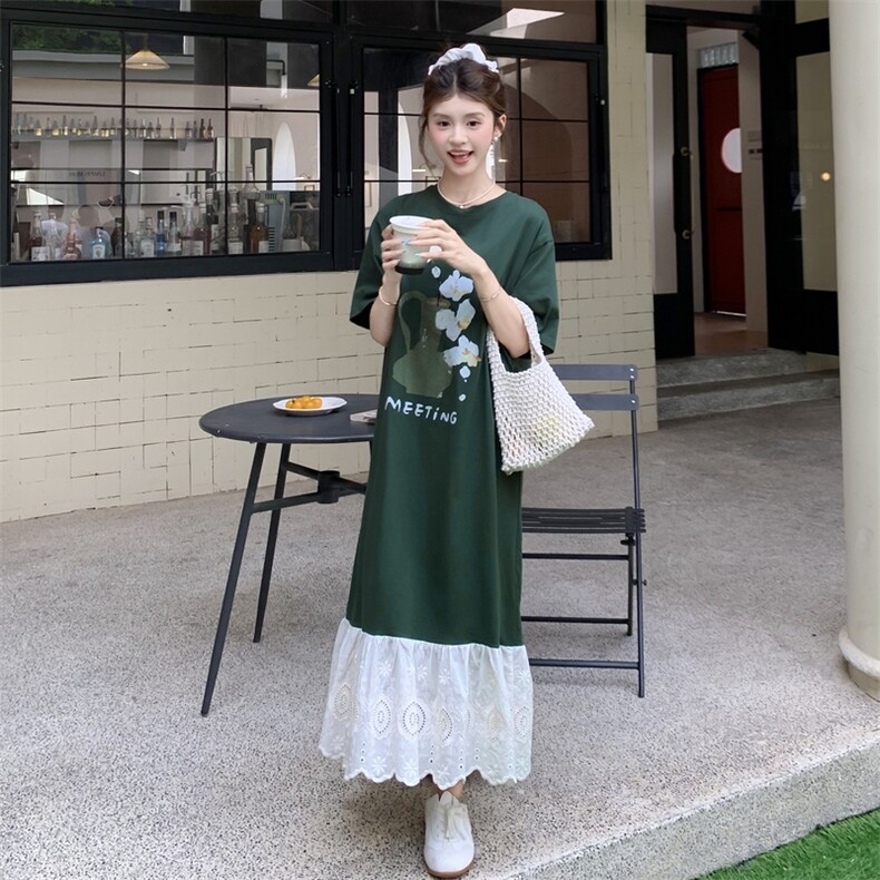 洋气减龄拼接短袖连衣裙女2025夏季新款韩版宽松甜美中长款T恤裙，女装连衣裙，2C113