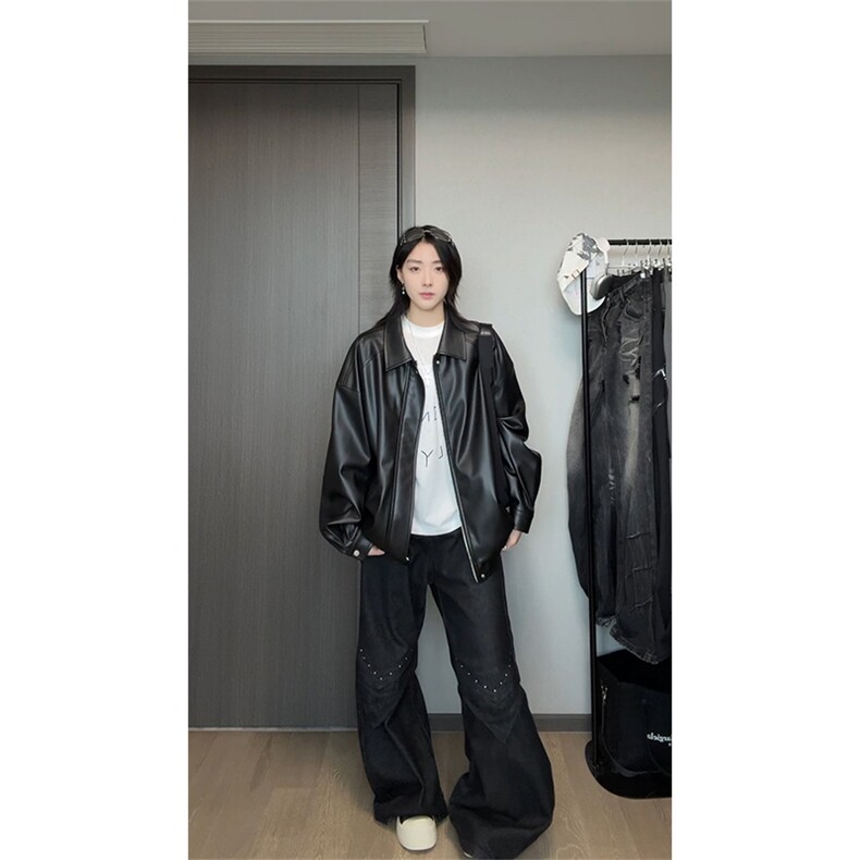 GENIOLAMODE美式风机车皮衣男士秋季新款外套美拉德潮牌街头夹克,男装夹克,电商A102