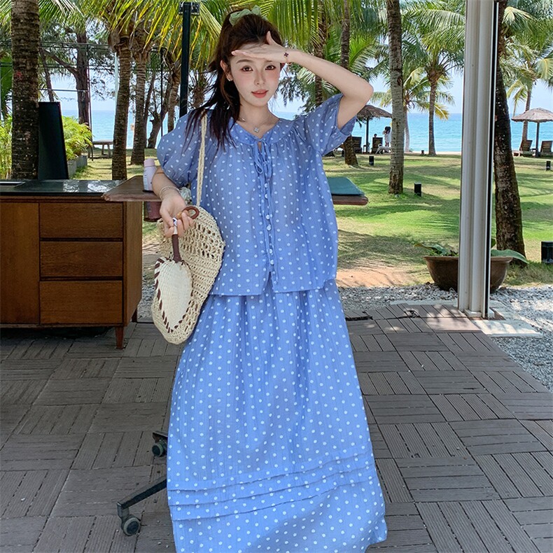 盐甜系度假风波点套装裙女2025夏新款短袖衬衫半身裙小个子两件套,女装套装/套裙,浙宝305