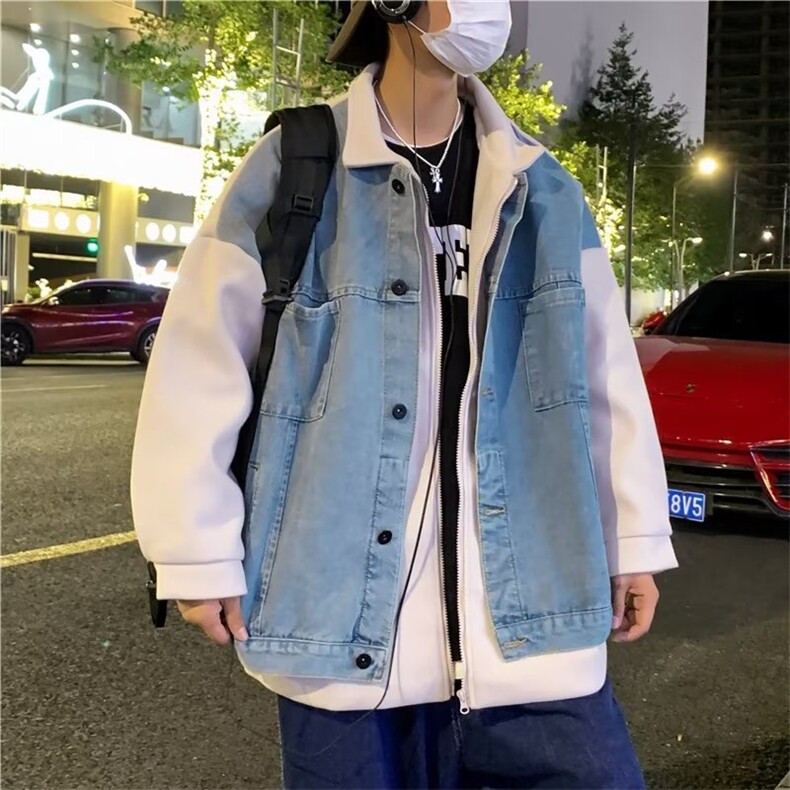 2023新款假两件港风ins潮流拼接毛呢夹克牛仔外套男上衣W5210-P68图片