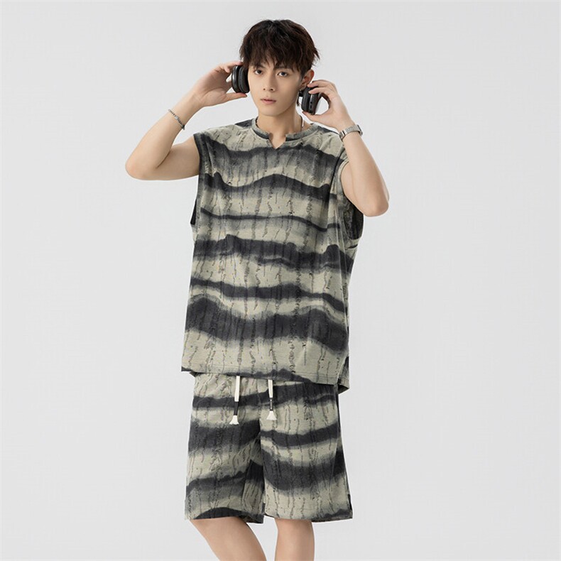 特批P48无差价百搭不规则条纹扎染破洞烧花大码两件套装男TZ5590，男装休闲套装，电商A001-1