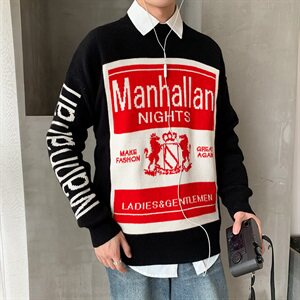 慵懒风个性大图案毛衣男韩版秋冬情侣加厚针织衫T001图片