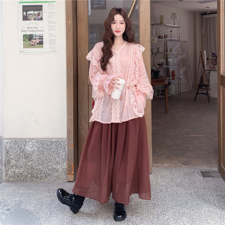 粉色蕾丝拼接衬衫套装裙女2025秋新款法式甜美温柔风半身裙两件套图片