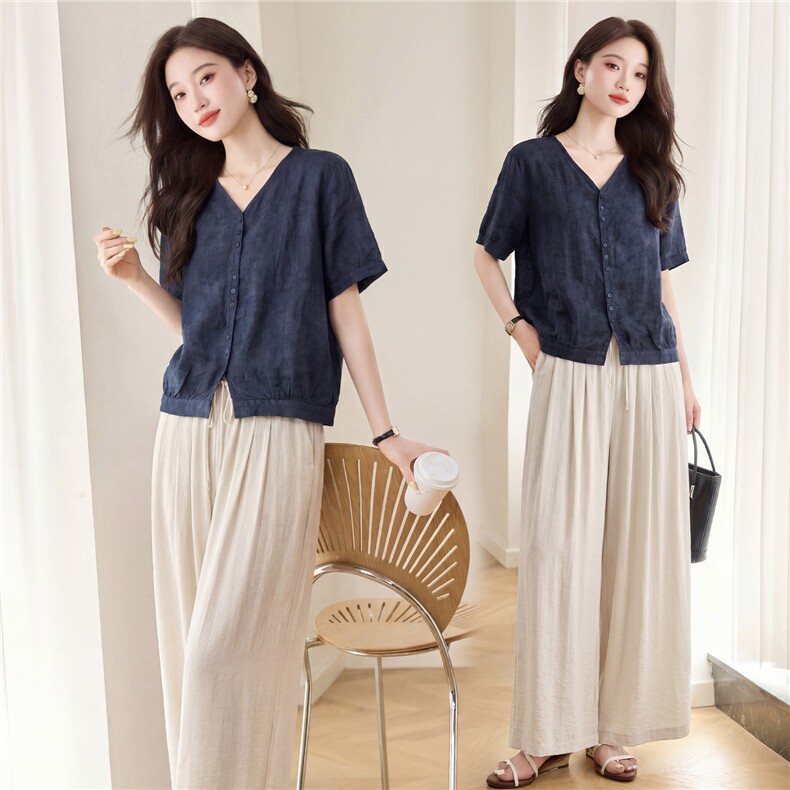 苎麻韩系休闲棉麻套装女2026夏新款阔腿裤两件套，女装套装/套裙，依万里