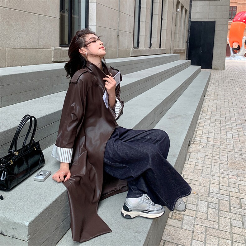 皮衣外套女软皮高级感超火2025秋新款休闲酷飒风中长款风衣皮夹克,女装风衣,2C025