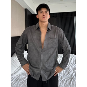 高级感麂皮绒衬衫男美式复古宽松长袖软糯毛呢工装衬衣休闲寸衫潮图片