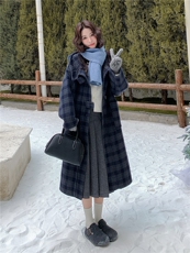 深蓝色复古格纹双面呢连帽大衣女2025冬学院风宽松休闲中长款外套，女装毛呢外套，慧尚依恋