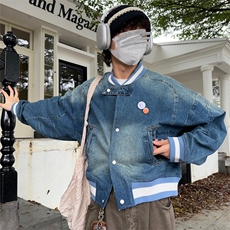 秋cleanfit美式复古宽松水洗牛仔外套短款棒球服夹克休闲百搭夹克，男装工装外套，星座1210-1
