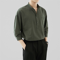 轻熟风夏季男士七分袖麻料立领衬衫男衬衣A236-C666-P58，男装衬衫，电商A236