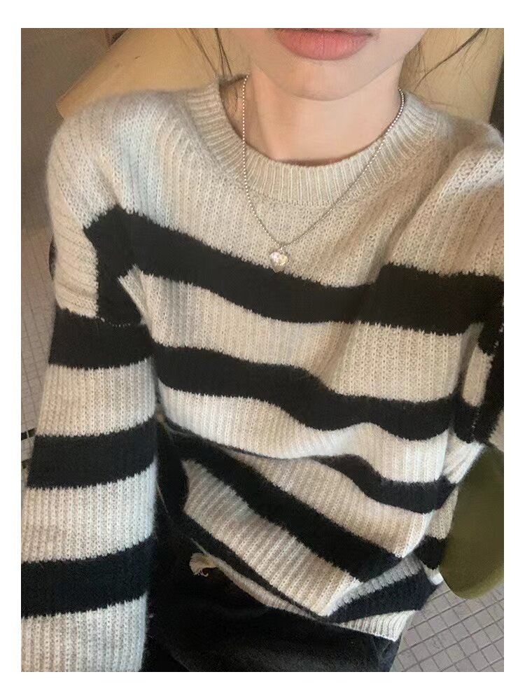 复古减龄女圆领毛衣慵懒风秋冬宽松撞色条纹针织衫,针织衫/毛衣,半城羊绒