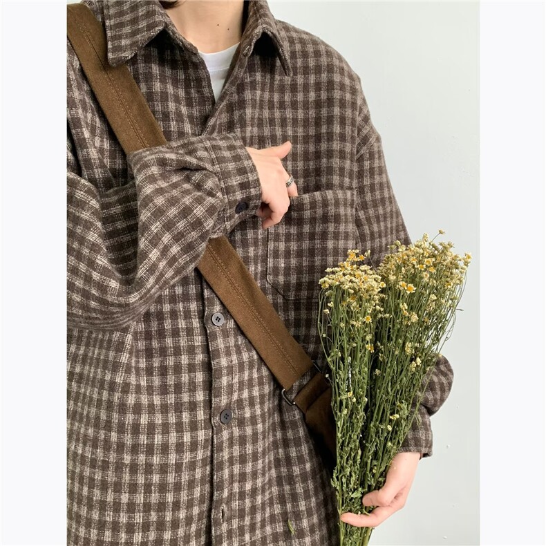 #J20-P45春秋新款男女日系复古条格衬衫休闲宽松廓形长袖外套,男装衬衫,电商B323A