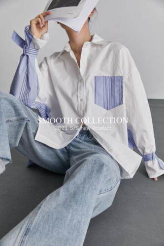 现货春款独特设计拼接衬衣，女装，SMOOTH