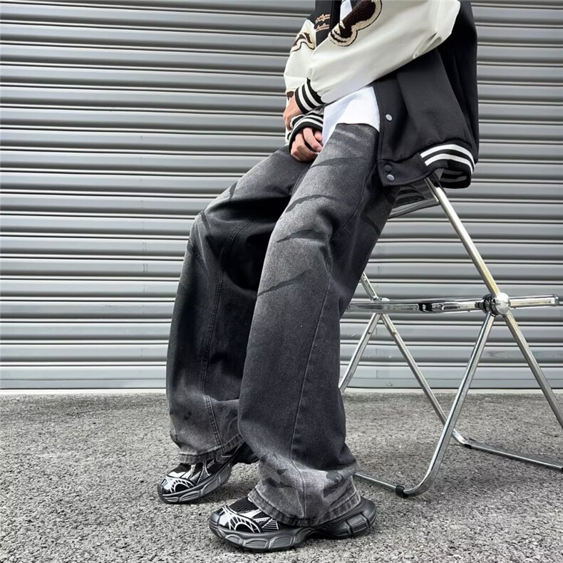 美式高街牛仔裤男韩版潮拼色个性阔腿2024春季ins长裤RK1332-P49,男装牛仔裤,星座412-3