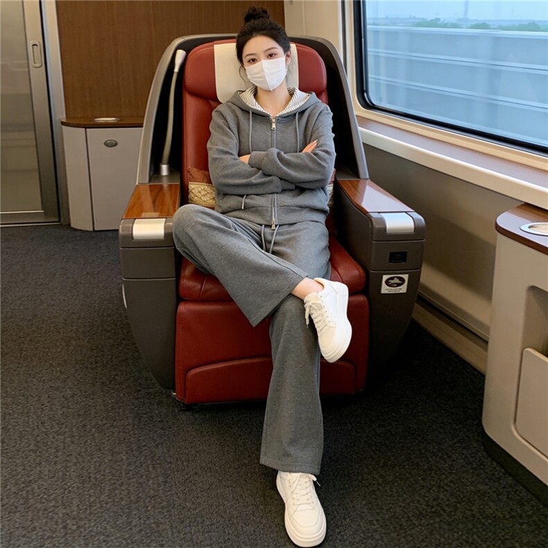 运动休闲时尚套装女春季新款假两件拉链开衫连帽卫衣直筒裤两件套,女装套装/套裙,2C310