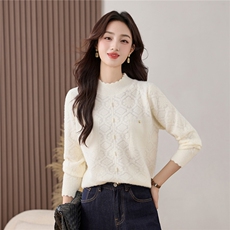 2025年冬季新款拼花边订珍珠扣打底毛衣，女装针织衫/毛衣，乐吉娜