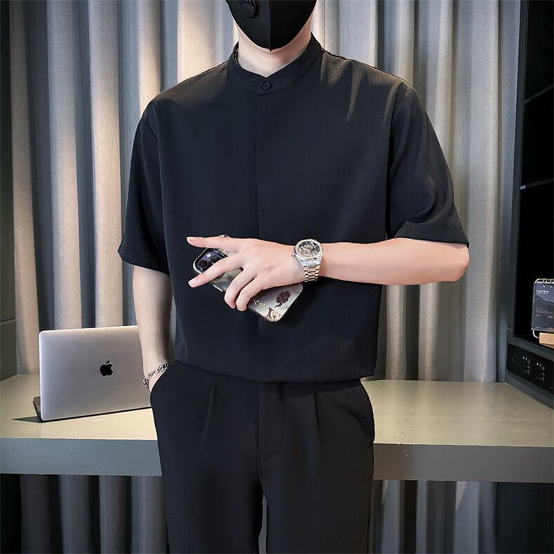 抖音夏季男士七分袖纯色冰丝衬衫男宽松衬衣A236-0855-P55,男装衬衫,电商A236
