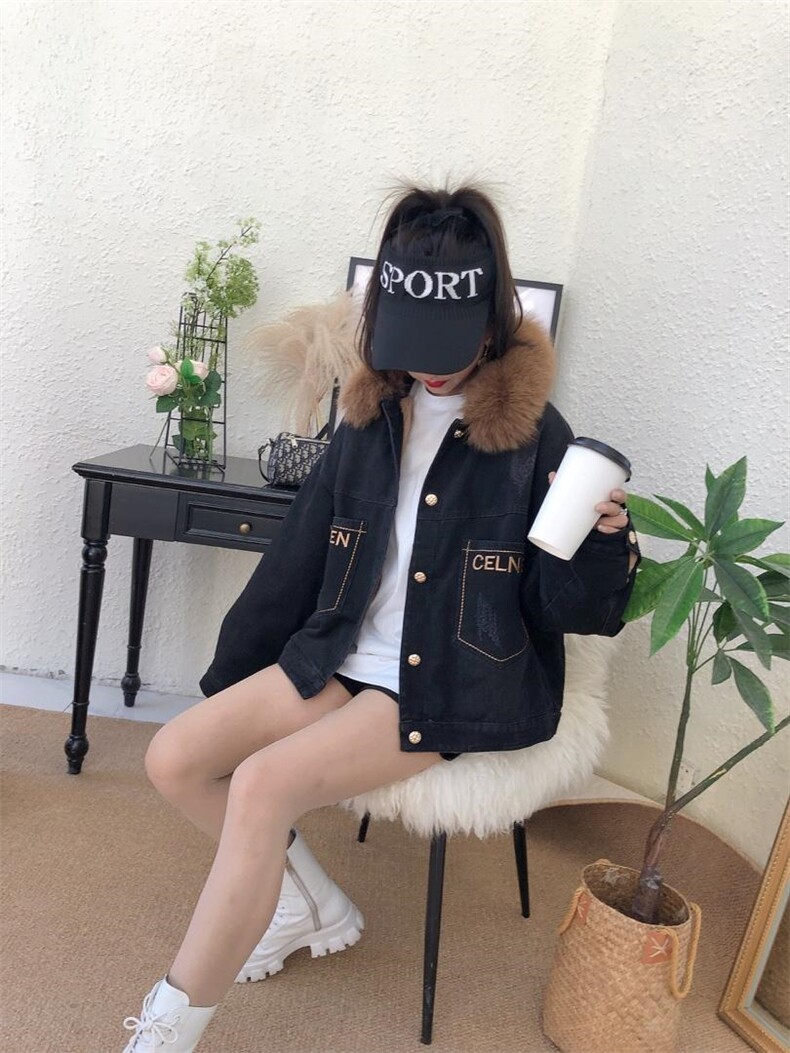 爆版排单款狐狸毛加厚牛仔外套，其它，金地雪
