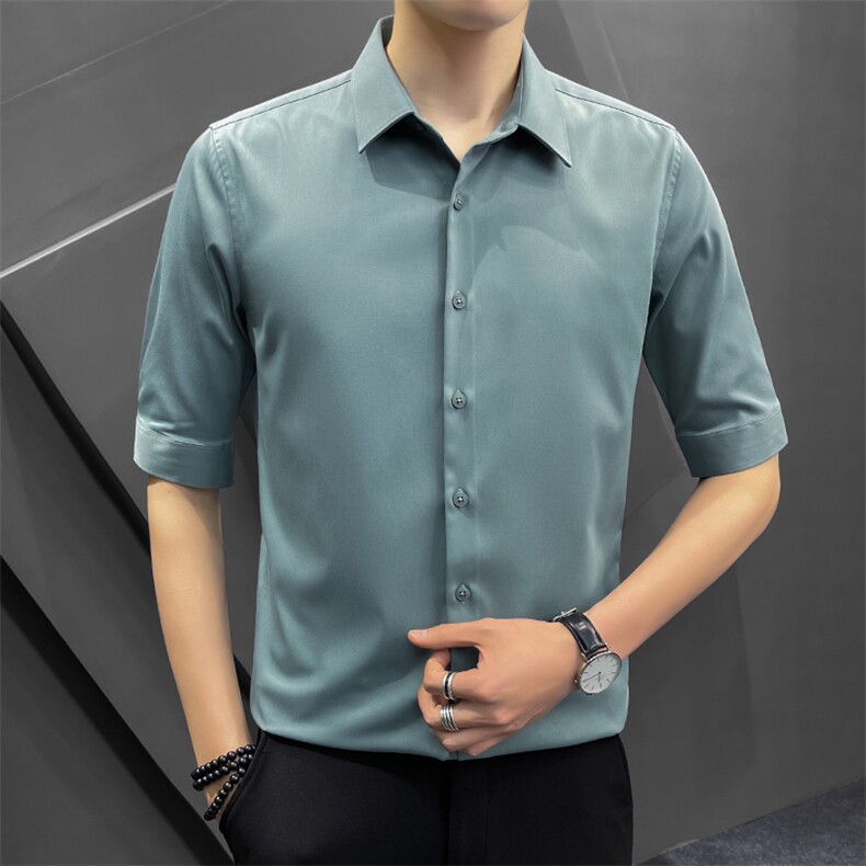冰丝夏季衬衫男韩版修身潮流五分袖商务高级感白衬衣8315P65控118图片