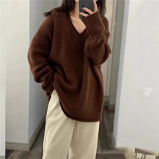 2025年秋季单件长袖宽松加厚V领套头衫，女装羊绒衫，鹿一羊绒