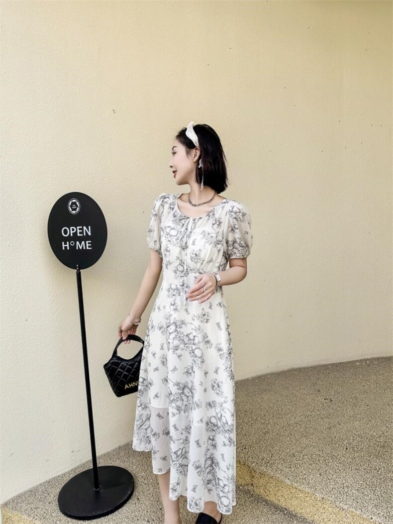 现货新款夏季连衣裙水墨印花短袖，女装连衣裙，荷塘月色