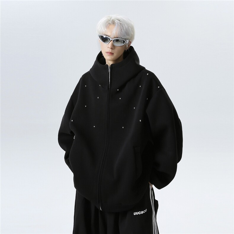 重磅纯色开衫手工钉珠卫衣男女春秋运动连帽美式外套男JK605-P78图片