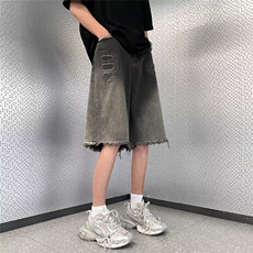 复古水洗做旧毛边牛仔短裤男夏季高街休闲宽松五分中裤7533P41，男装牛仔裤，星座410-2