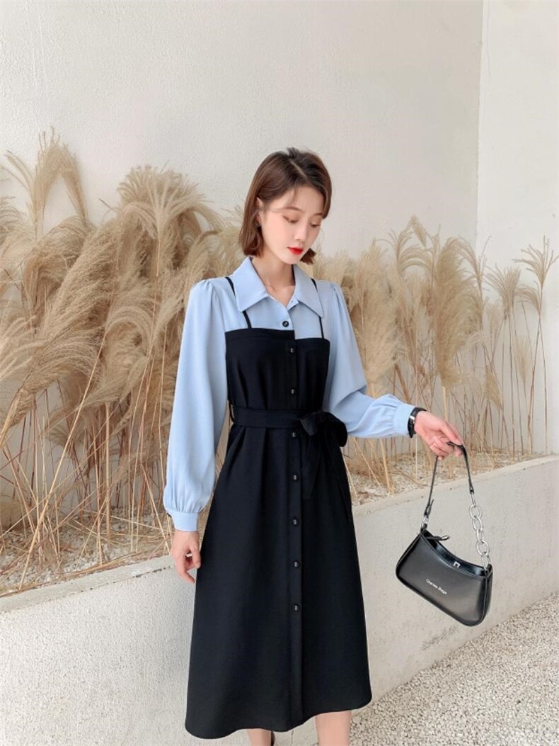 秋冬新款时尚韩版宽松拼色连衣裙，女装连衣裙，荷塘月色