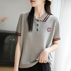 新款polo领短袖上衣翻领时尚休闲百搭夏季新款针织小衫显瘦半袖，女装T恤，菲奥羊绒