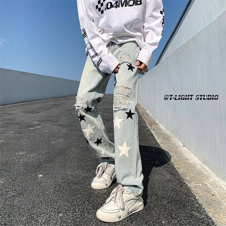 B221美式ins高街暗黑小众五角星破洞小脚牛仔裤LK23027-P65控88,男装牛仔裤,电商B221