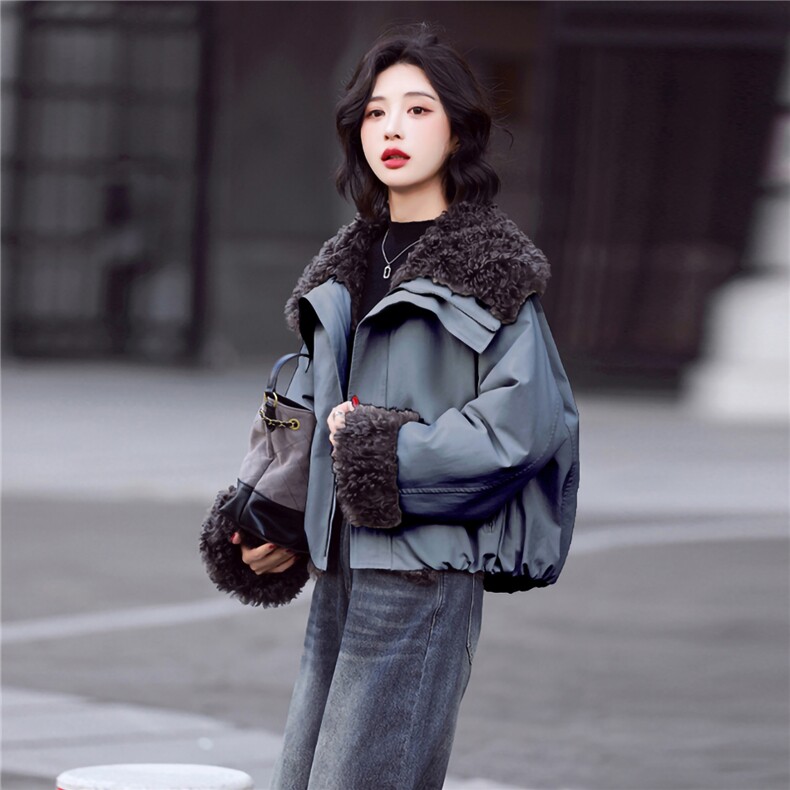 两面穿简约时尚毛一体保暖派克服外套2025冬装新款,女装派克服,鑫源服饰