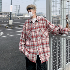 港风潮牌格子衬衫男chic早春外套宽松大码青少年百搭休闲时尚衣服图片