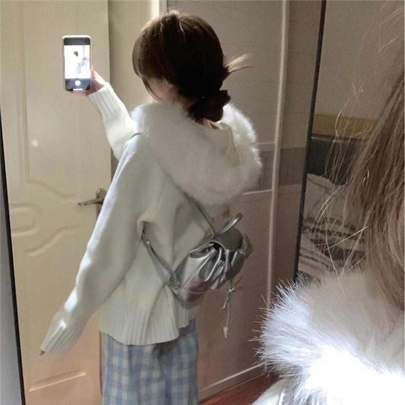 韩系小个子复古时尚毛领连帽针织开衫女春秋宽松百搭外穿毛衣外套,针织衫/毛衣,星座506A